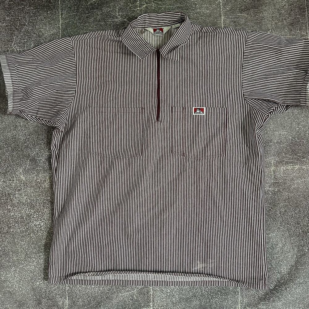 Men's Ben Davis Short Sleeve Burgundy Hickory Stripe Mechanic Work Shirt Sz L - Picture 1 of 4